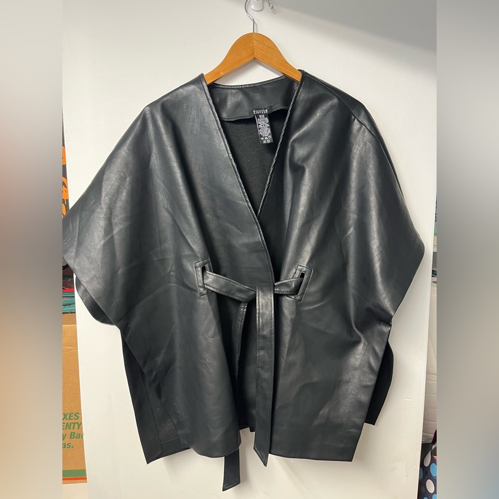 Black Faux Leather Belted Jacket